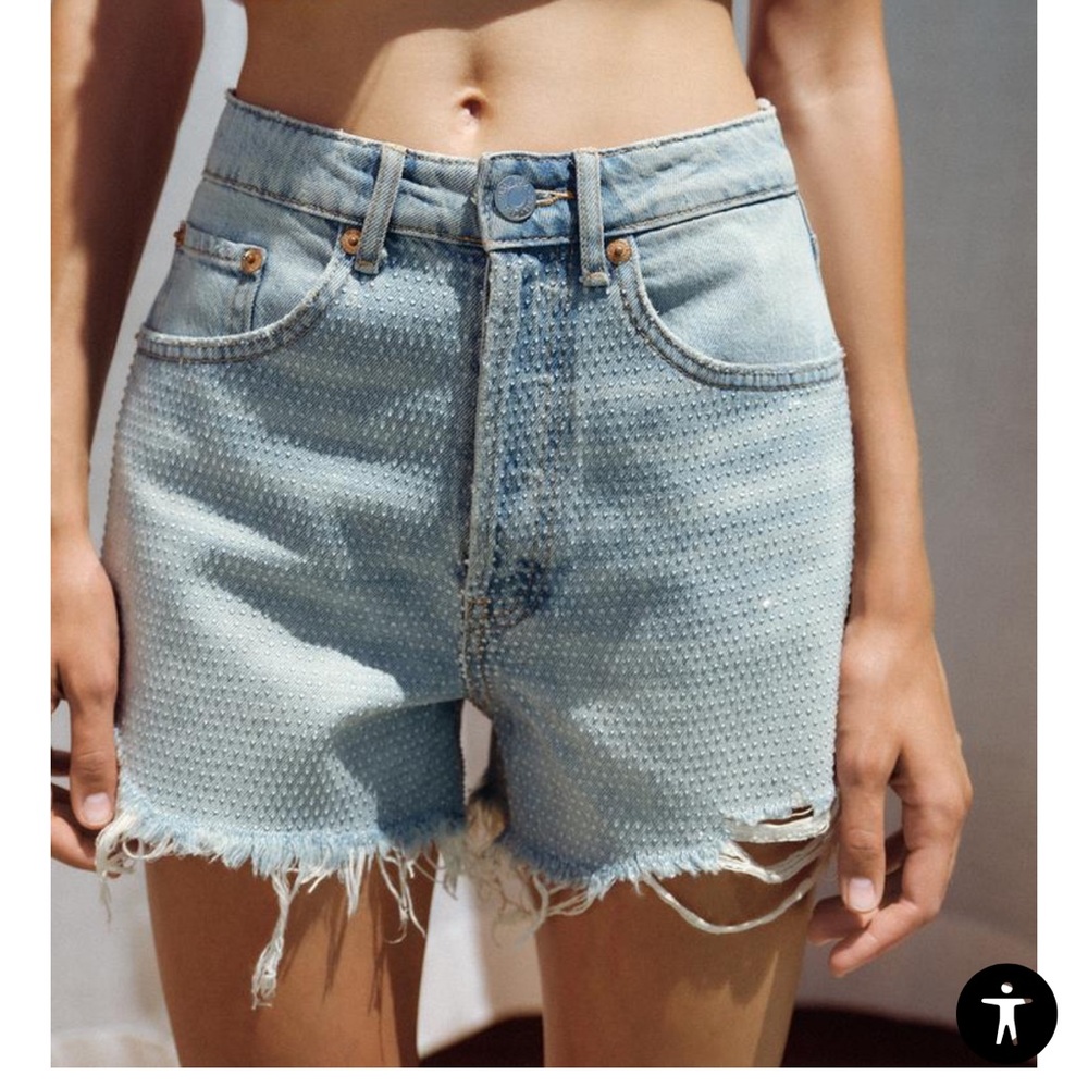 NWT Zara Rhinestone High Waist Cutoff Ripped Denim Women's Shorts Size US 2 - Picture 5 of 8